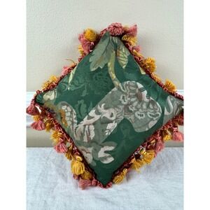 Vintage Green Jacquard Potpourri Pillow Tassel Fringe Satin Back Victorian 7x7"